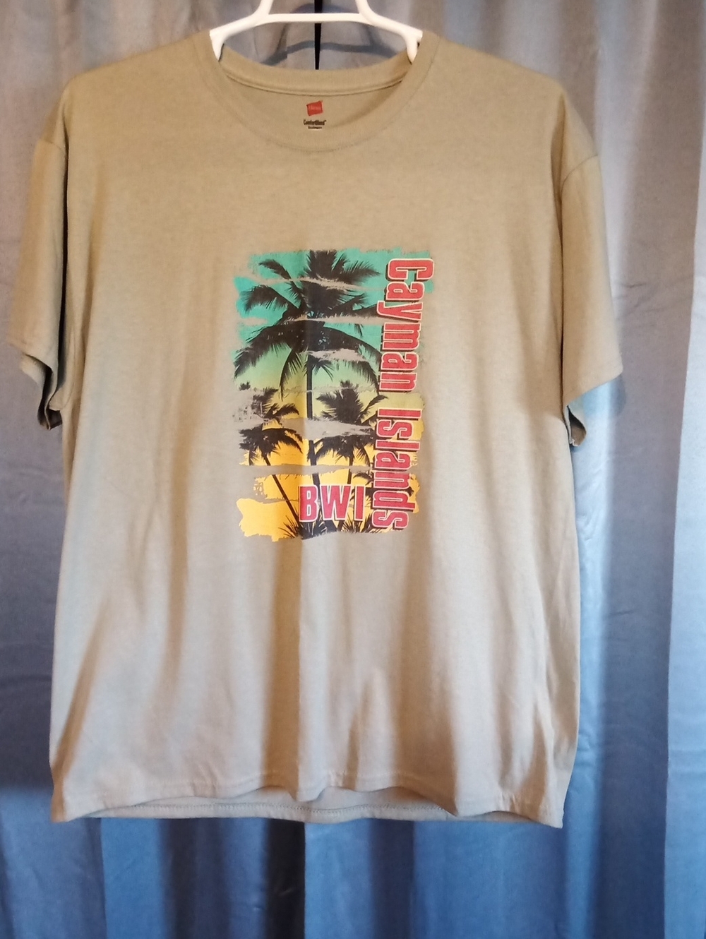 Hanes Beige Short Sleeve Tee with Multicolor Palm Graphic